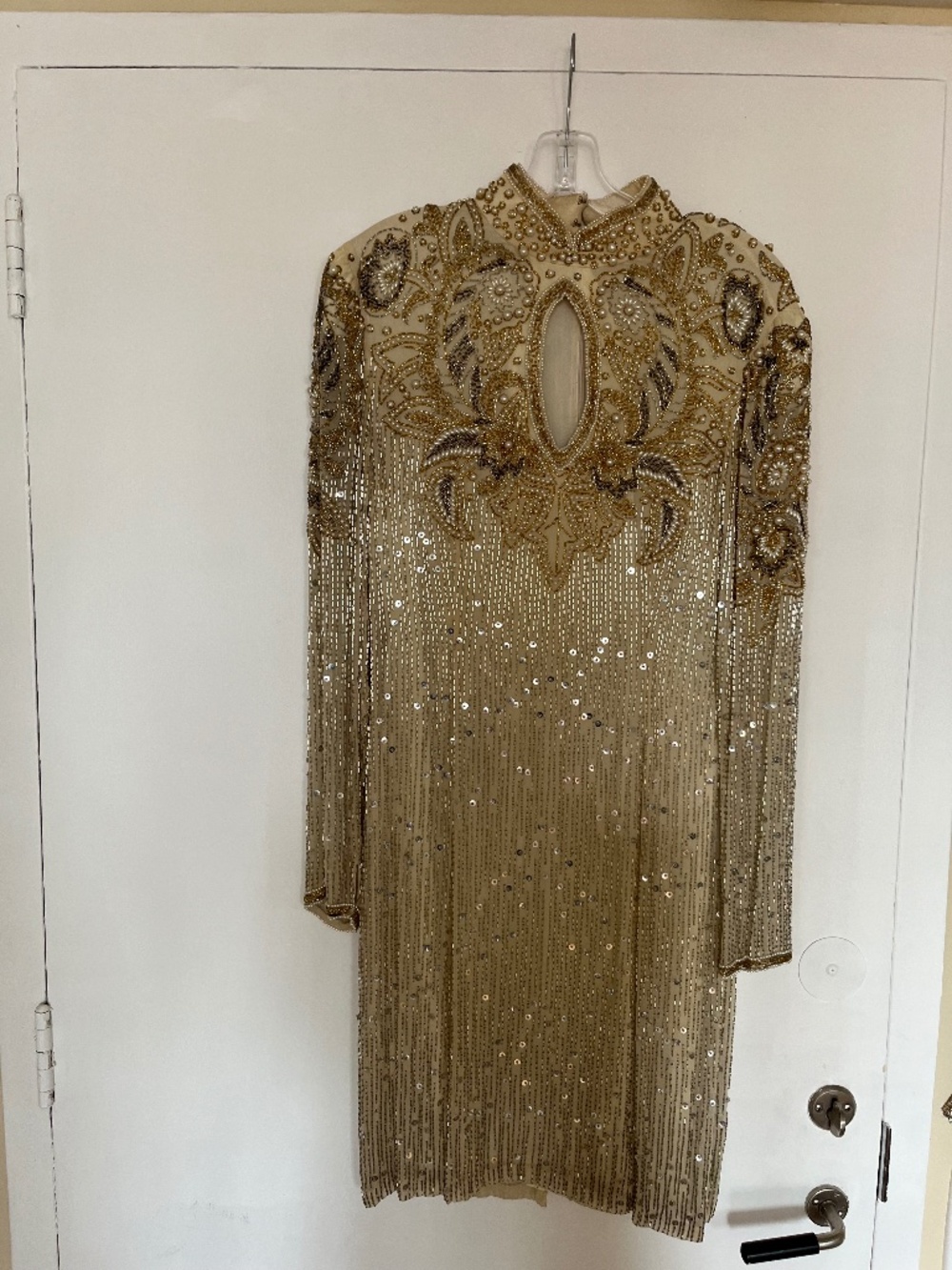 Vintage Oleg Cassini Black Tie Gold Beaded Cocktail Dress with Pearls –